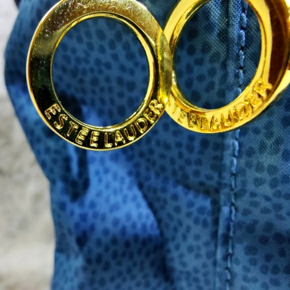 Estee Lauder Cosmetic Bag, Blue Dotted Canvas Upright Cube Makeup Travel Case - Picture 6 of 11